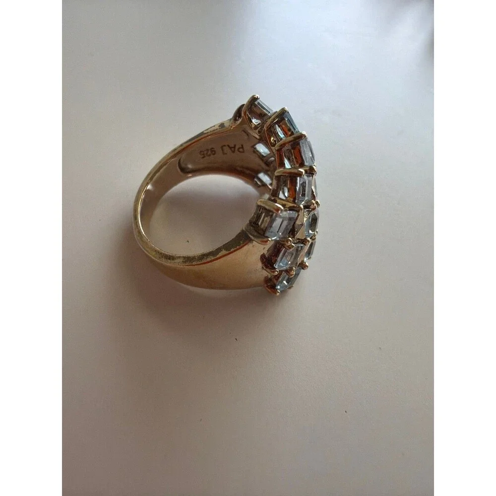 PAJ Signed 925 Sterling Silver Gold Vermeil Ice Blue Topaz Checkered Band Ring 6